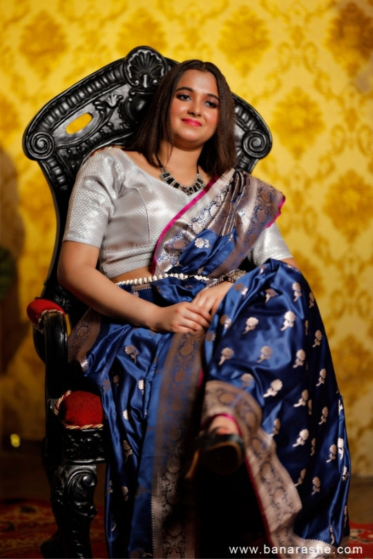 Navy Blue with Jaal Zari Work Handloom Katan Pure Silk Saree