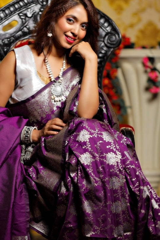 Purple with Jaal Zari Work Handloom Katan Pure Silk Saree