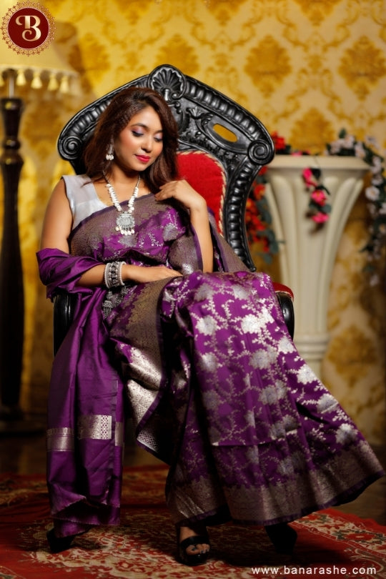Purple with Jaal Zari Work Handloom Katan Pure Silk Saree