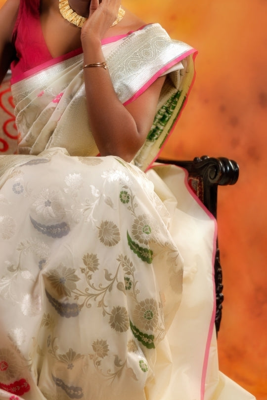 Cream with Pink Border Work Handloom Katan Pure Silk Saree