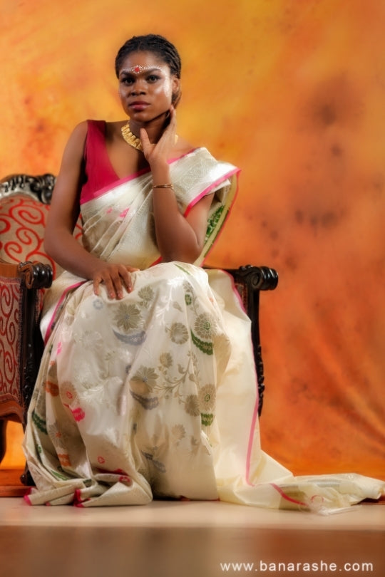 Cream with Pink Border Work Handloom Katan Pure Silk Saree