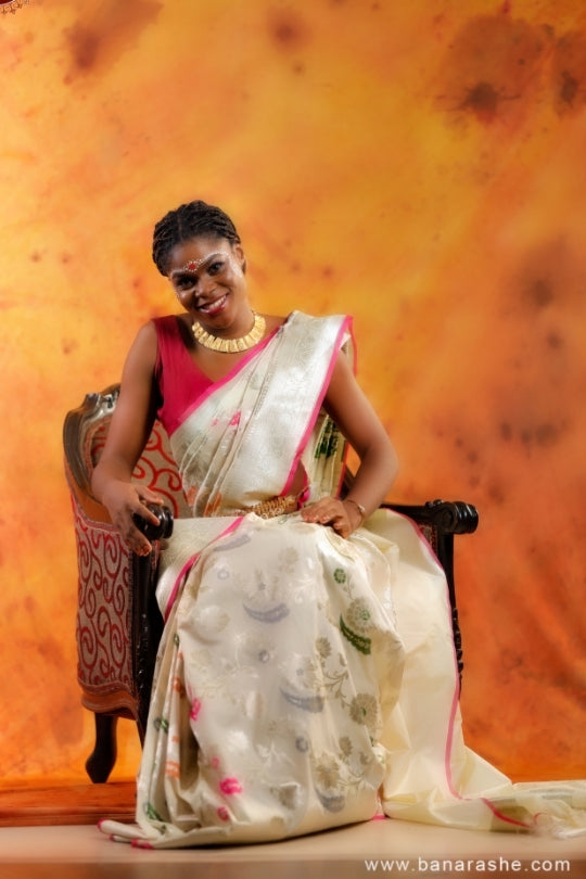 Cream with Pink Border Work Handloom Katan Pure Silk Saree