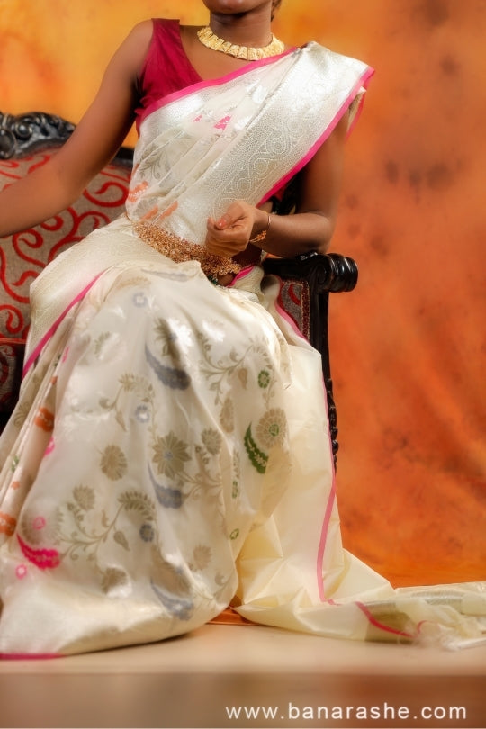 Cream with Pink Border Work Handloom Katan Pure Silk Saree