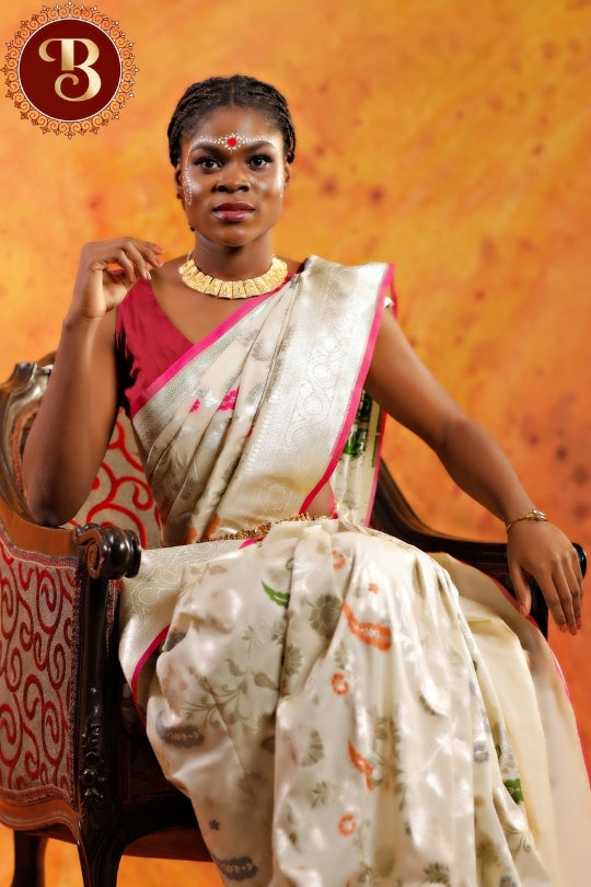 Cream with Pink Border Work Handloom Katan Pure Silk Saree