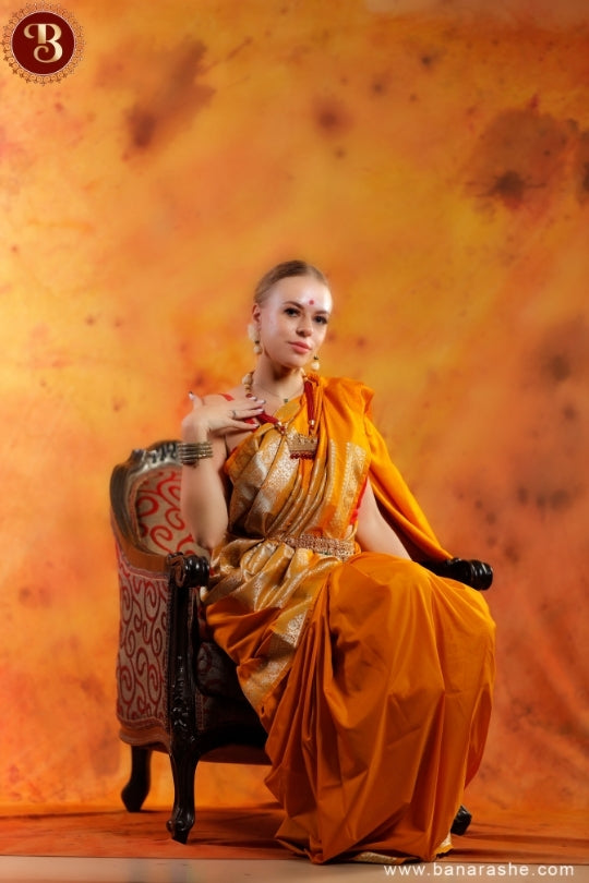 Mustard Yellow Art Work Handloom Katan Pure Silk Saree