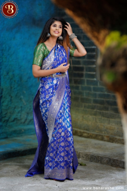 Blue with Silver Zari Art Work Handloom Katan Pure Silk Saree