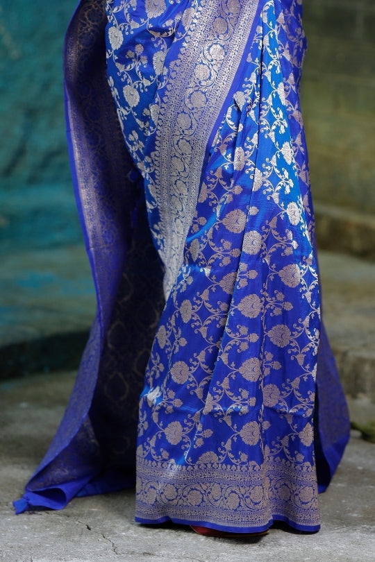 Blue with Silver Zari Art Work Handloom Katan Pure Silk Saree