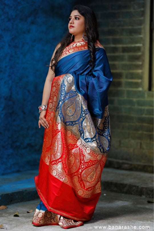 Blue and Red with Zari Art Handloom Katan Pure Silk Saree