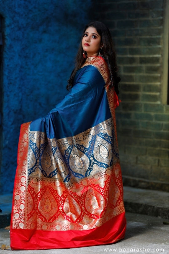 Blue and Red with Zari Art Handloom Katan Pure Silk Saree