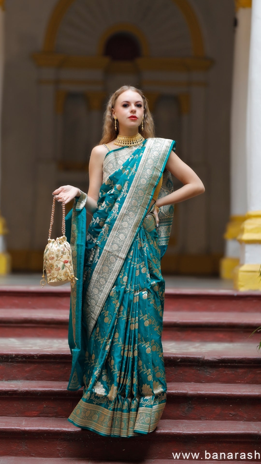 Teal Blue Katan Silk Dual Zari Banarasi Saree
