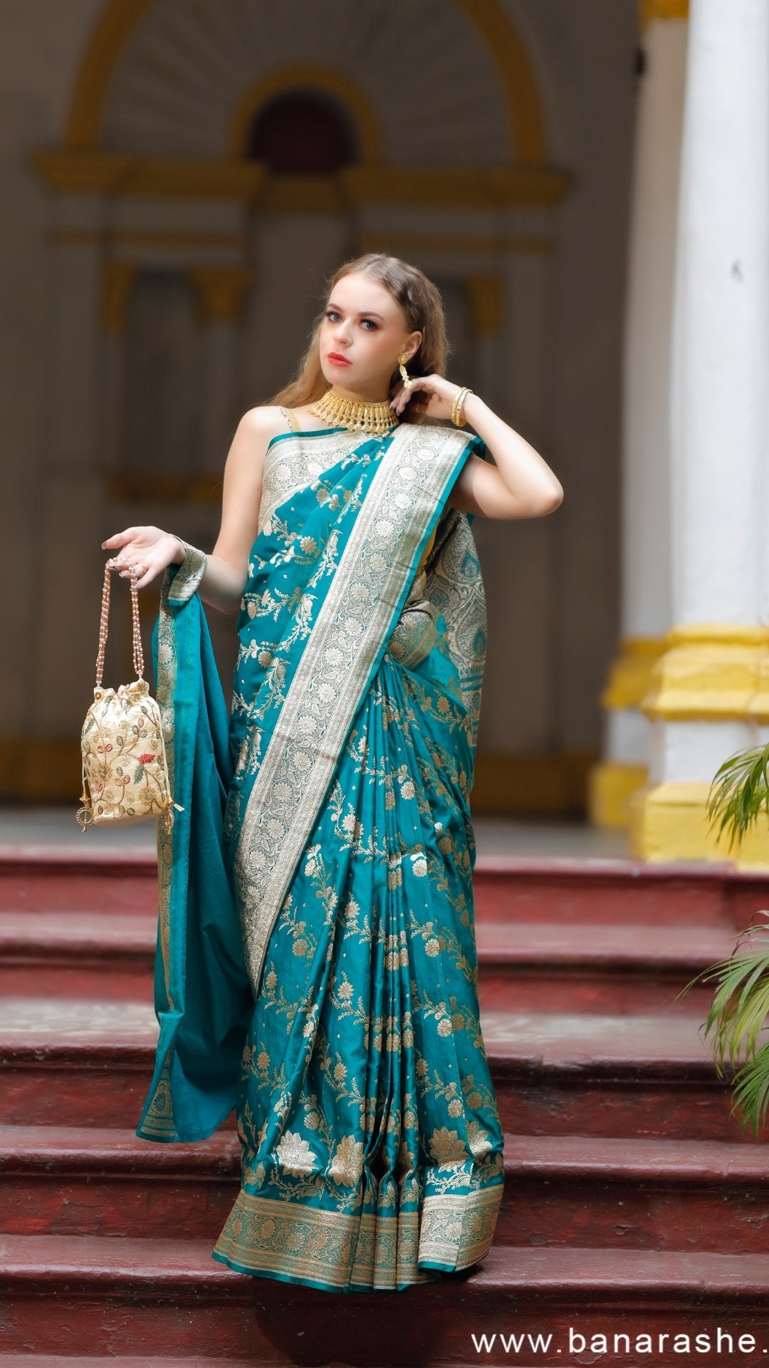 Teal Blue Katan Silk Dual Zari Banarasi Saree