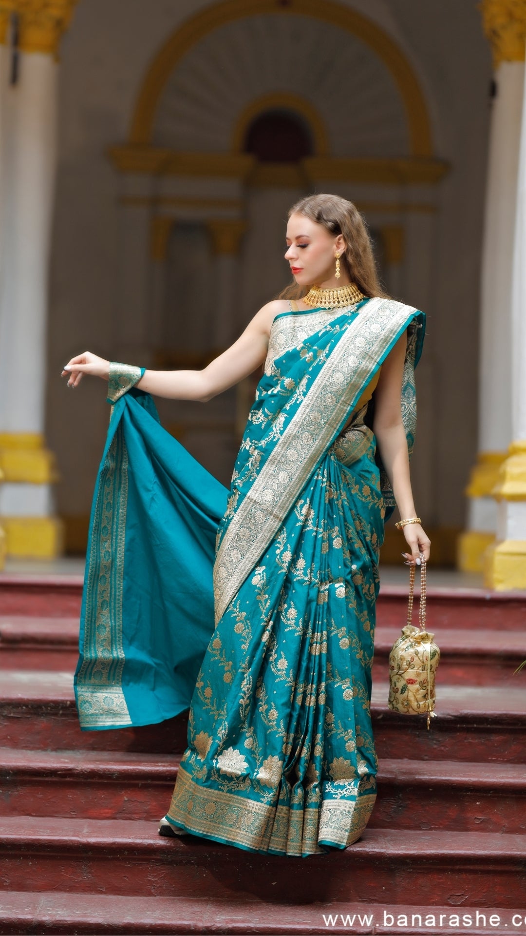 Teal Blue Katan Silk Dual Zari Banarasi Saree