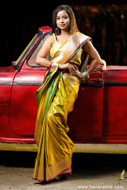 Mustard Yellow with Zari Art Handloom Katan Pure Silk Saree
