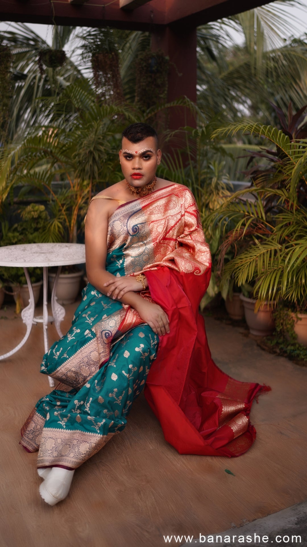 Teal Green and Red with Silver Zari Art Work Handloom Katan Pure Silk Saree