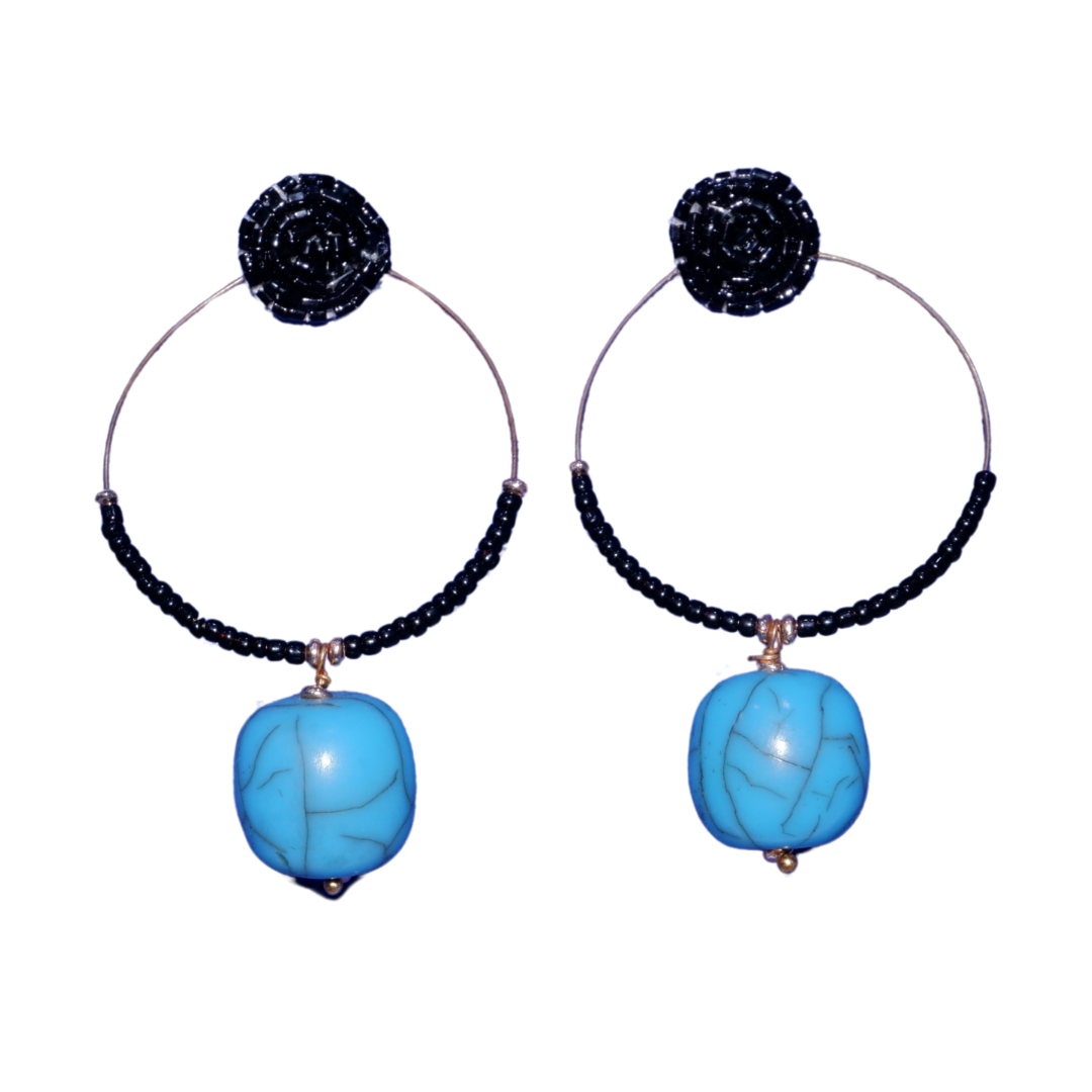Midnight Sky Boho Earrings – Black Seed Beads & Turquoise Accents