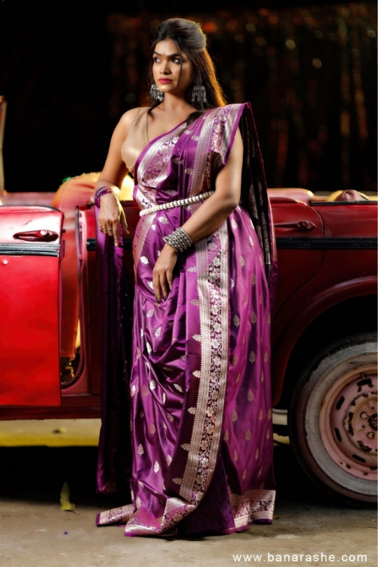 Purple and Silver with Zari Art Handloom Katan Pure Silk Saree