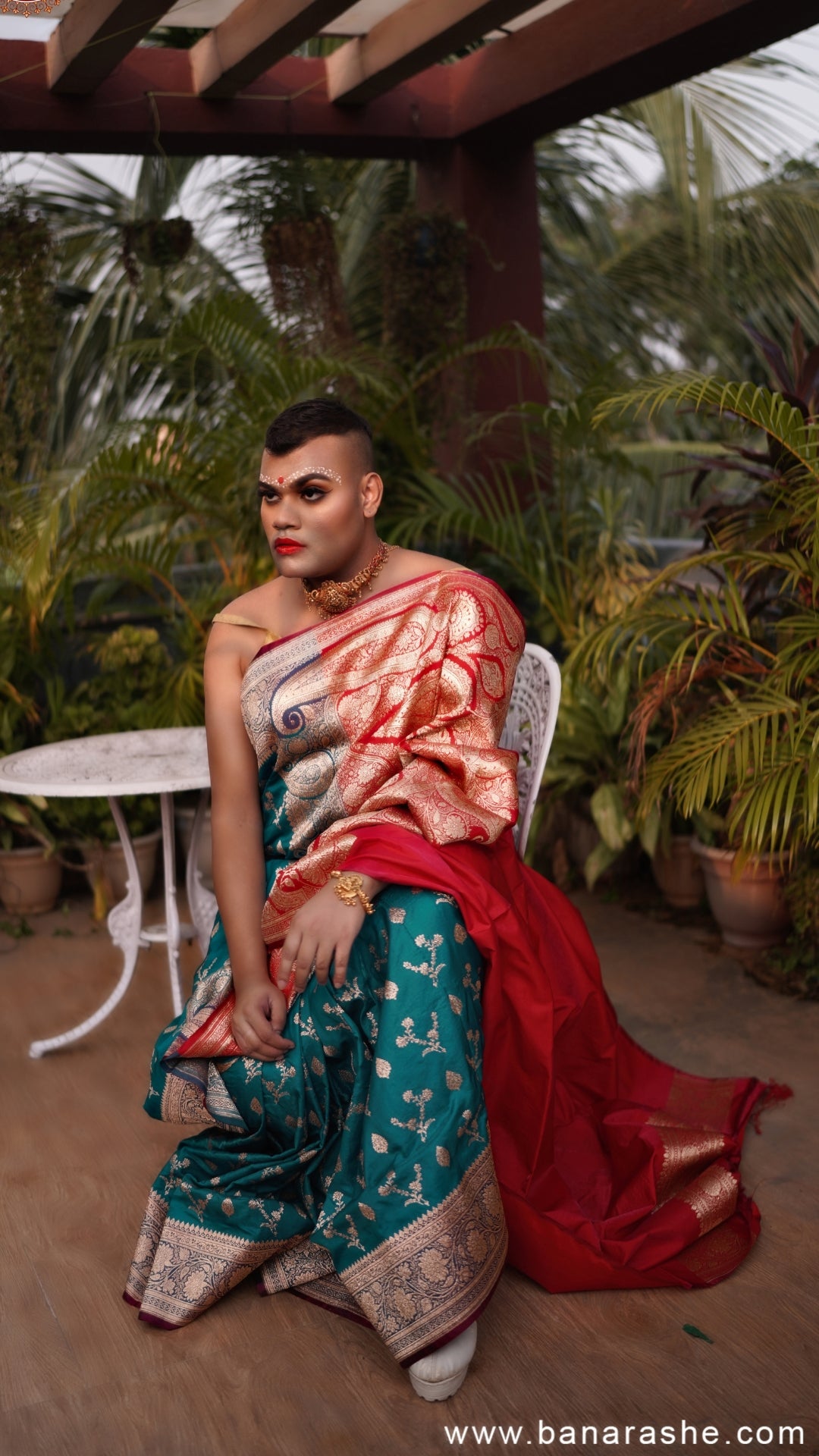 Teal Green and Red with Silver Zari Art Work Handloom Katan Pure Silk Saree