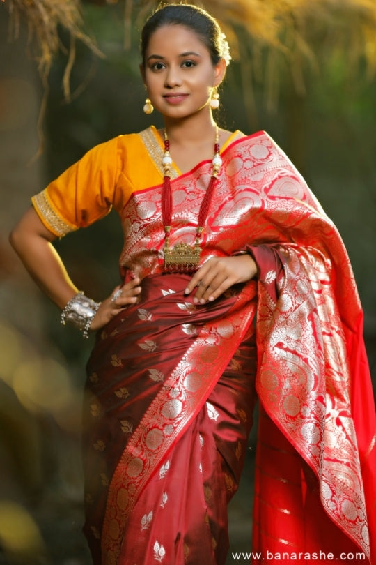 maroon with Golden Zari Leaves Art Handloom Katan Pure Silk Saree