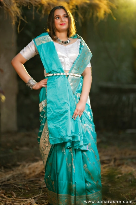 Turquoise Green with Zari Art Handloom Katan Pure Silk Saree