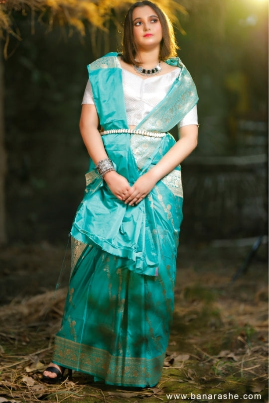 Turquoise Green with Zari Art Handloom Katan Pure Silk Saree