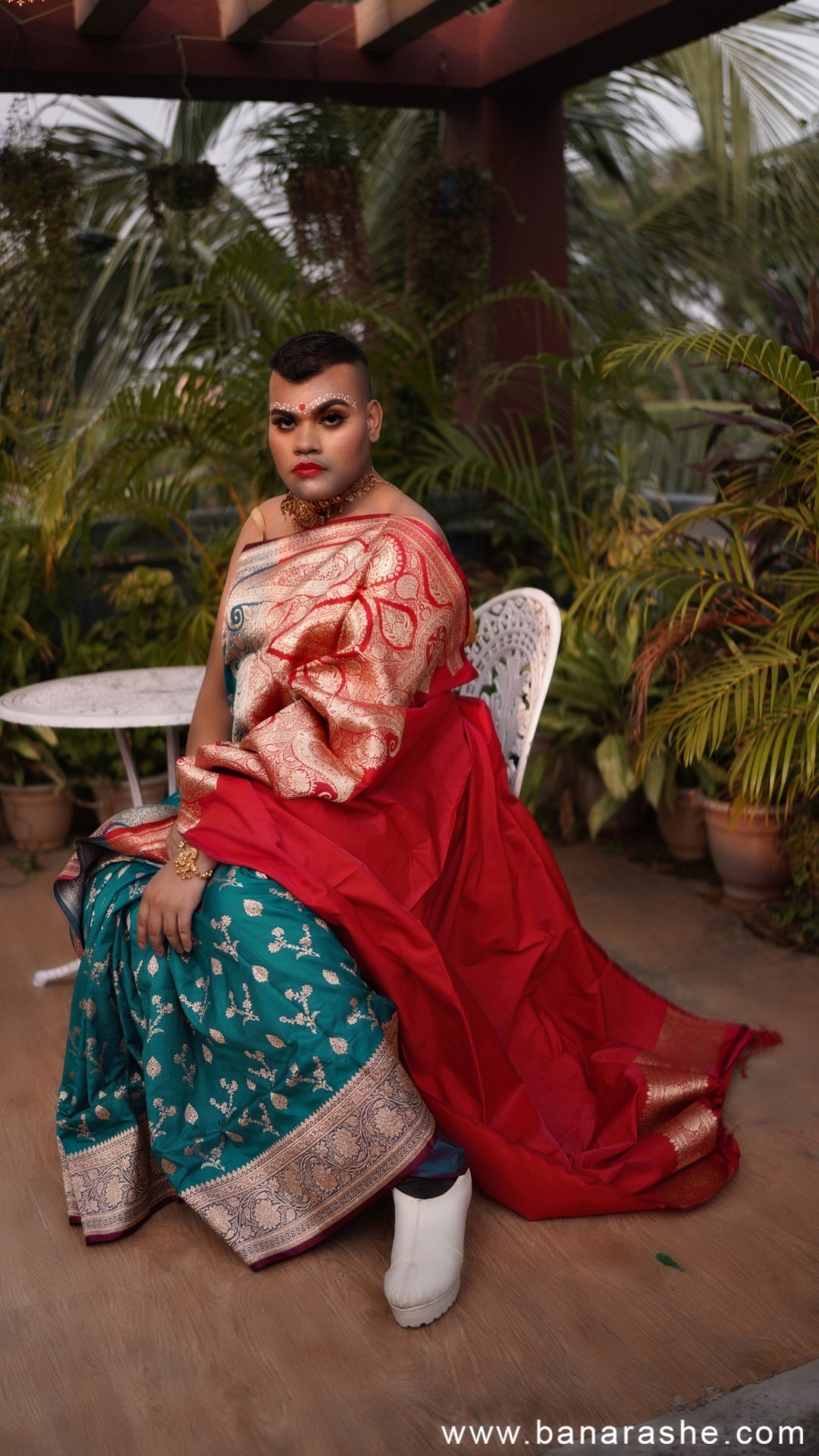 Teal Green and Red with Silver Zari Art Work Handloom Katan Pure Silk Saree