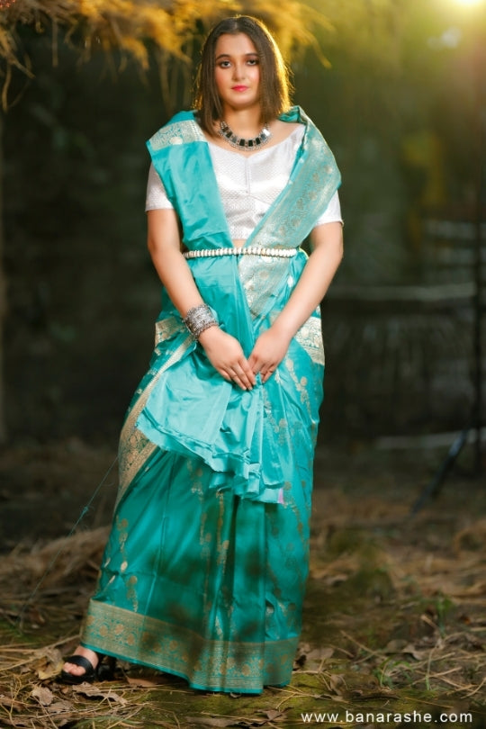 Turquoise Green with Zari Art Handloom Katan Pure Silk Saree