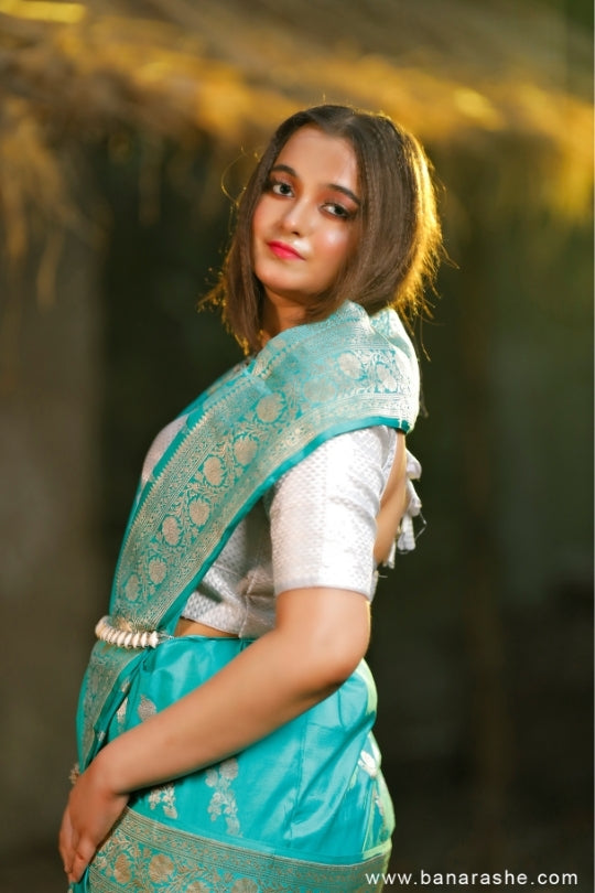 Turquoise Green with Zari Art Handloom Katan Pure Silk Saree