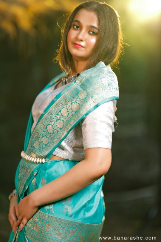 Turquoise Green with Zari Art Handloom Katan Pure Silk Saree