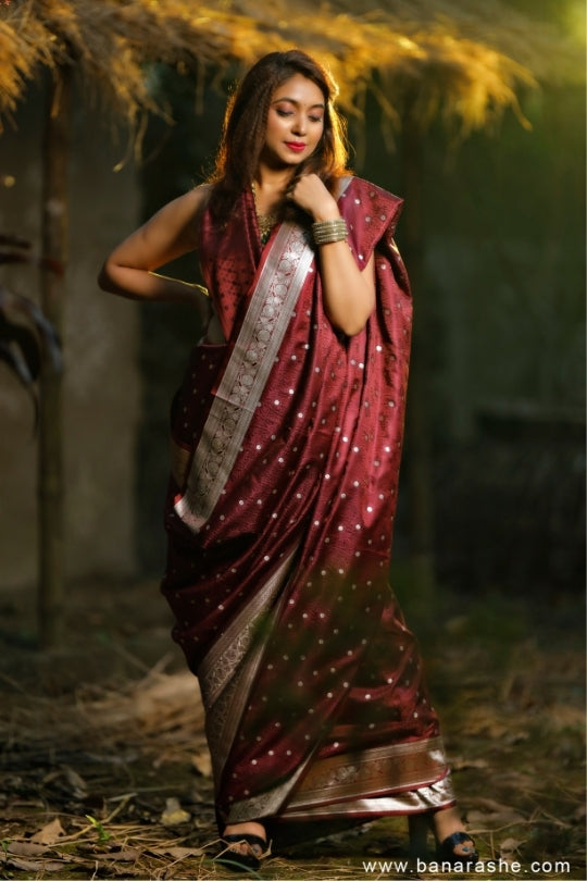 Maroon with Booti Work Zari Art Handloom Katan Pure Silk Saree