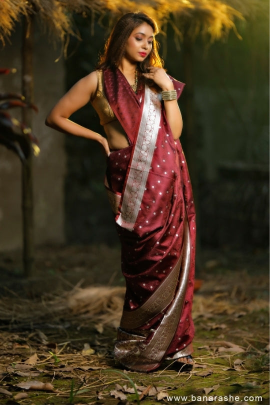 Maroon with Booti Work Zari Art Handloom Katan Pure Silk Saree