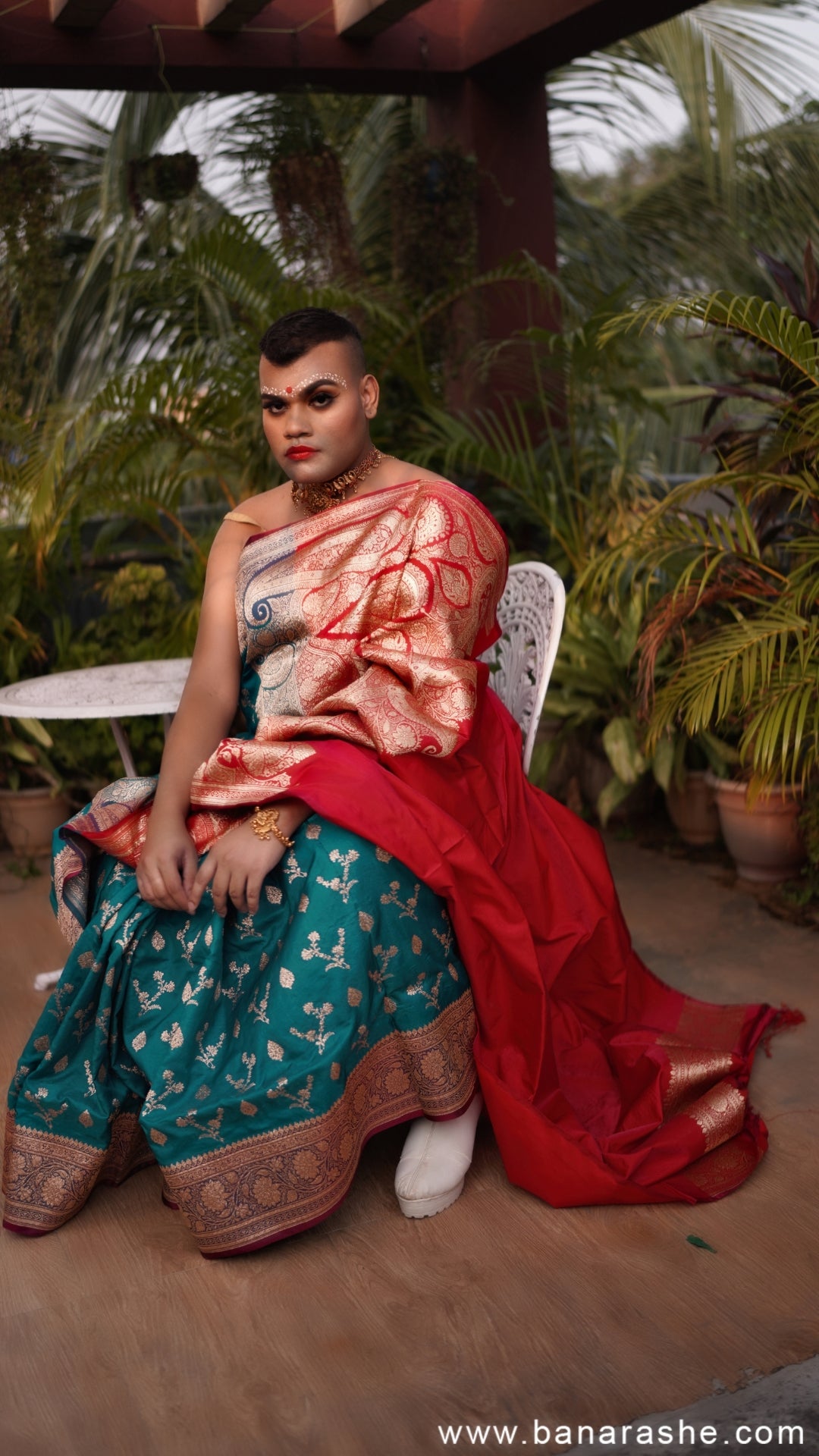 Teal Green and Red with Silver Zari Art Work Handloom Katan Pure Silk Saree