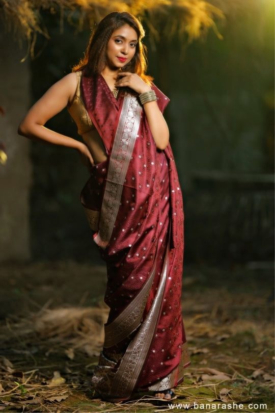 Maroon with Booti Work Zari Art Handloom Katan Pure Silk Saree