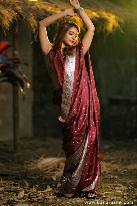 Maroon with Booti Work Zari Art Handloom Katan Pure Silk Saree