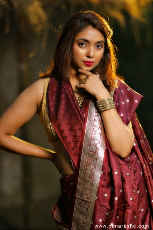 Maroon with Booti Work Zari Art Handloom Katan Pure Silk Saree