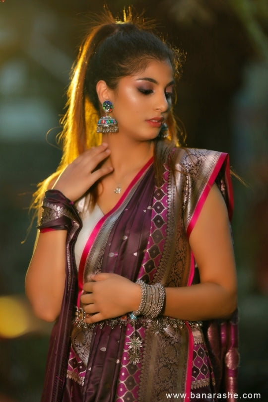 Purple with All Zari Art Handloom Katan Pure Silk Saree