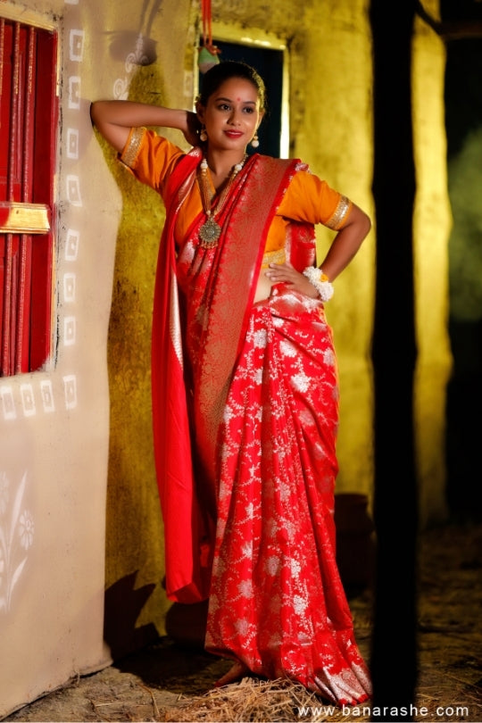 Red with Jaal Zari Work Handloom Katan Pure Silk Saree