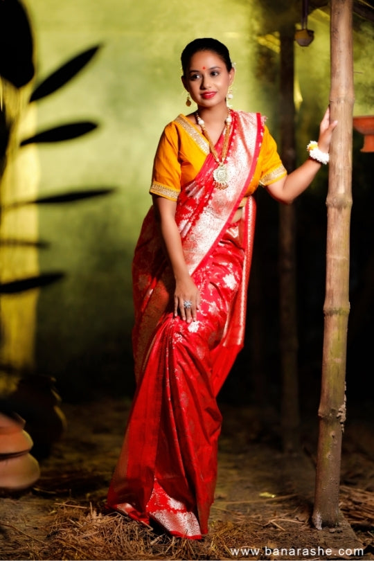 Red with Jaal Zari Work Handloom Katan Pure Silk Saree