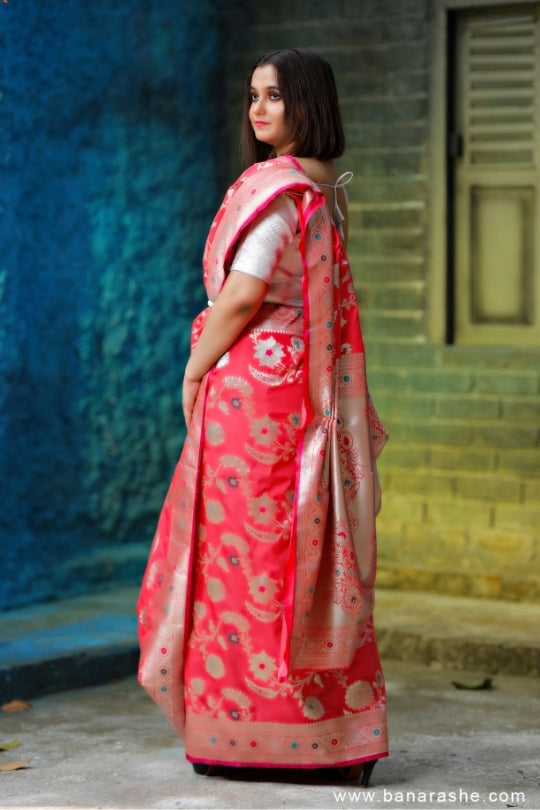 Pink with Zari Art Handloom Katan Pure Silk Saree