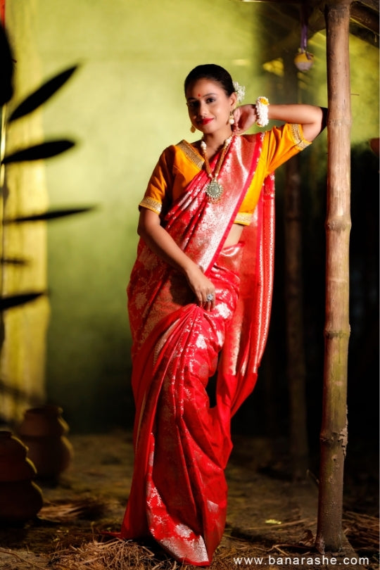 Red with Jaal Zari Work Handloom Katan Pure Silk Saree