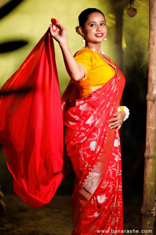 Red with Jaal Zari Work Handloom Katan Pure Silk Saree