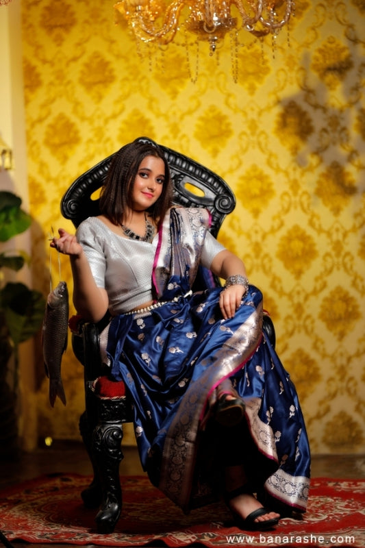 Navy Blue with Jaal Zari Work Handloom Katan Pure Silk Saree