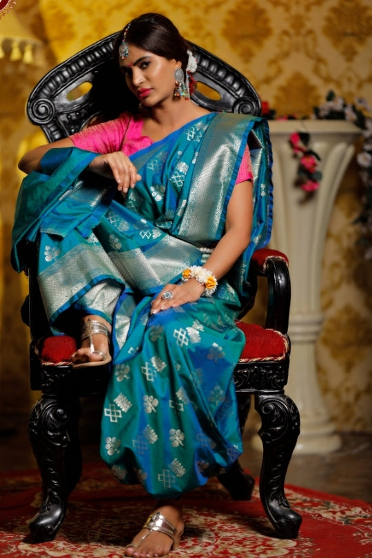 Sea green with Jaal Zari Work Handloom Katan Pure Silk Saree