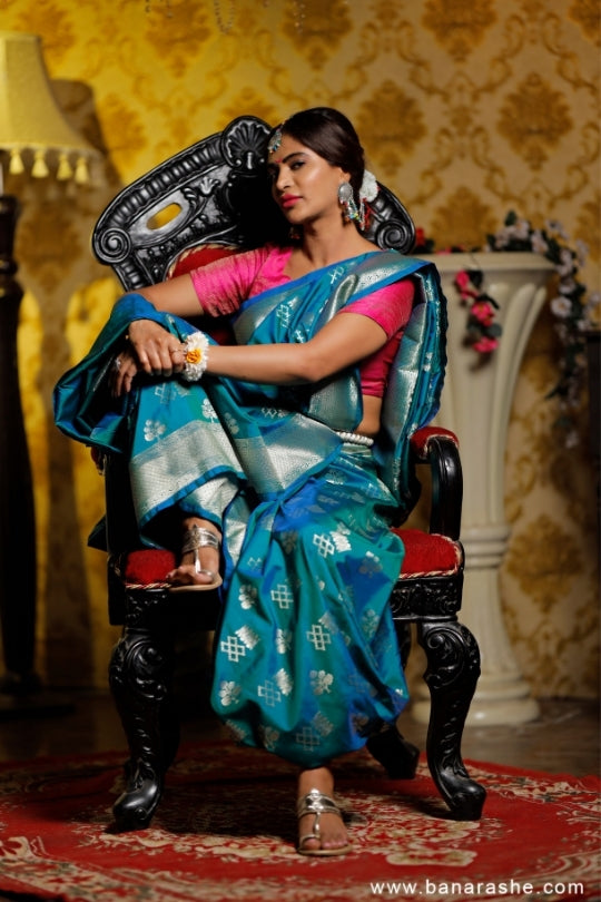 Sea green with Jaal Zari Work Handloom Katan Pure Silk Saree