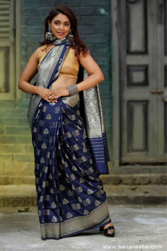 Navy Blue Handloom Katan Pure Silk Saree