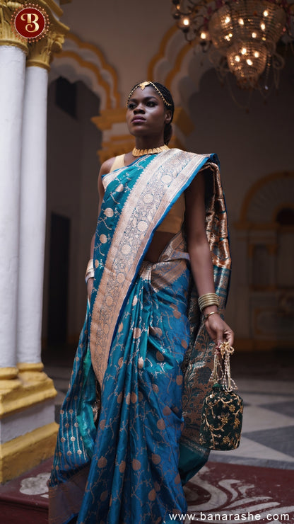 Blue with Silver-Gold Zari Pure Katan Silk Banarasi Saree