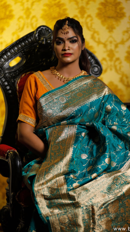 Amber Blue Katan Silk Dual Zari Banarasi Saree