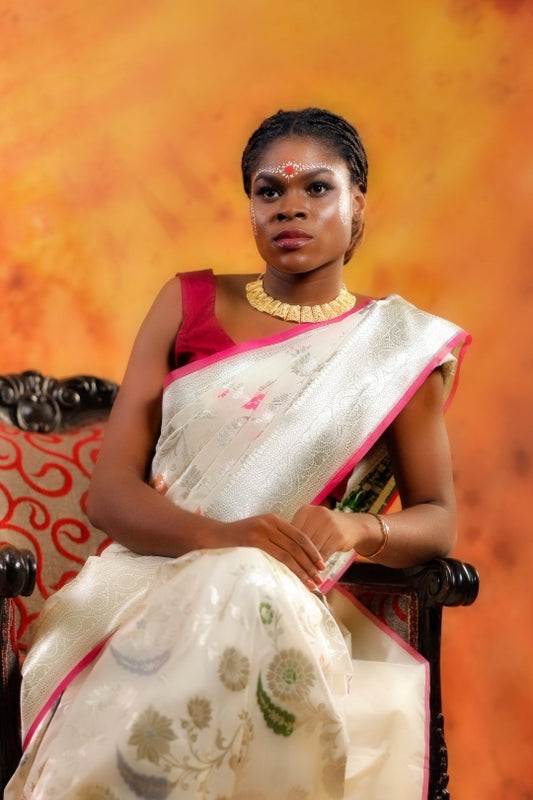 Cream with Pink Border Work Handloom Katan Pure Silk Saree