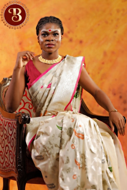 Cream with Pink Border Work Handloom Katan Pure Silk Saree