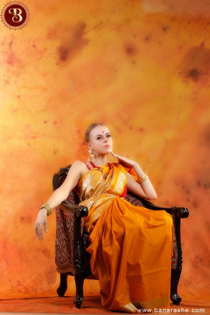 Mustard Yellow Art Work Handloom Katan Pure Silk Saree
