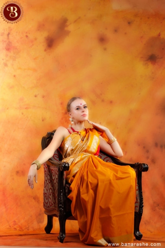 Mustard Yellow Art Work Handloom Katan Pure Silk Saree